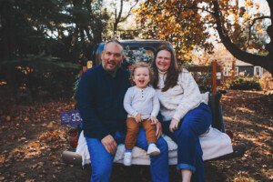 grandma and grandpa with thier first grandchild along the Yardley Canal