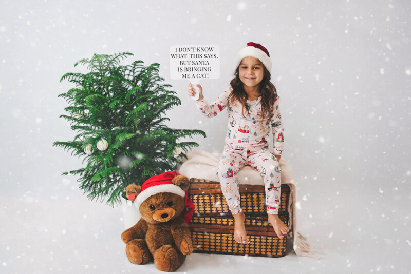 little girl posed with a sign that says, "I can't read this but I'm getting a cat for Christmas"