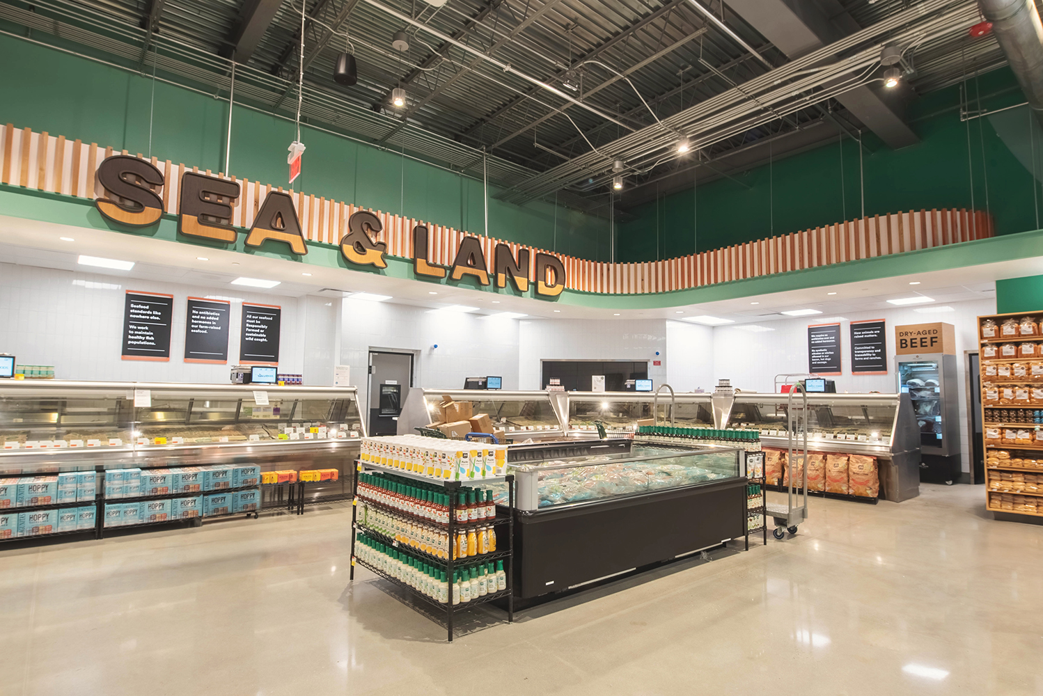 Interior of a new Whole Foods Market under construction during a commercial photography project.